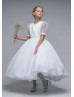 Beaded Short Sleeves White Organza Tea Length Flower Girl Dress